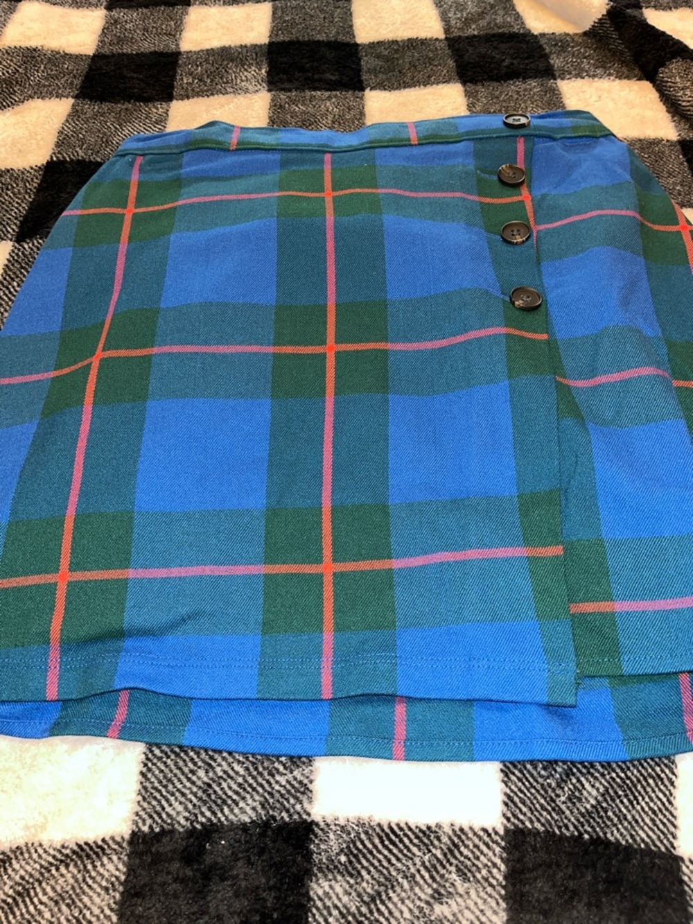 SO Blue and Green Plaid Mini Skirt with Button Accent